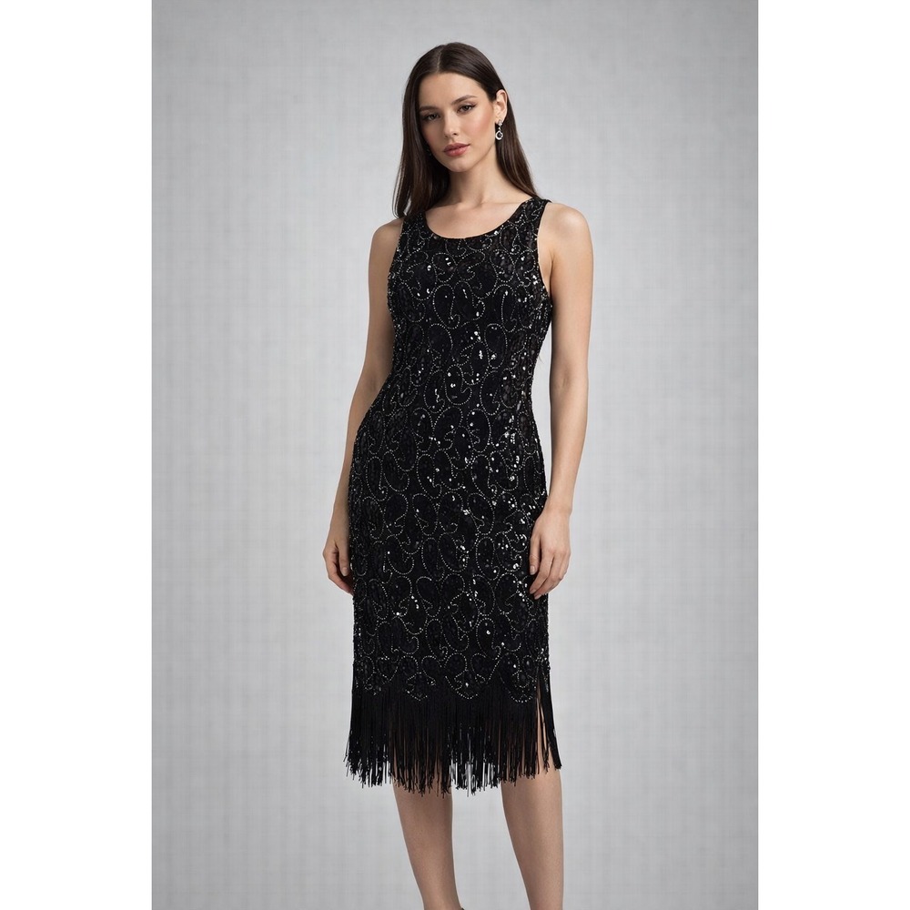 Women's 1920s Gatsby Style Sequined Embellished Fringed Dress Costume XS Black
